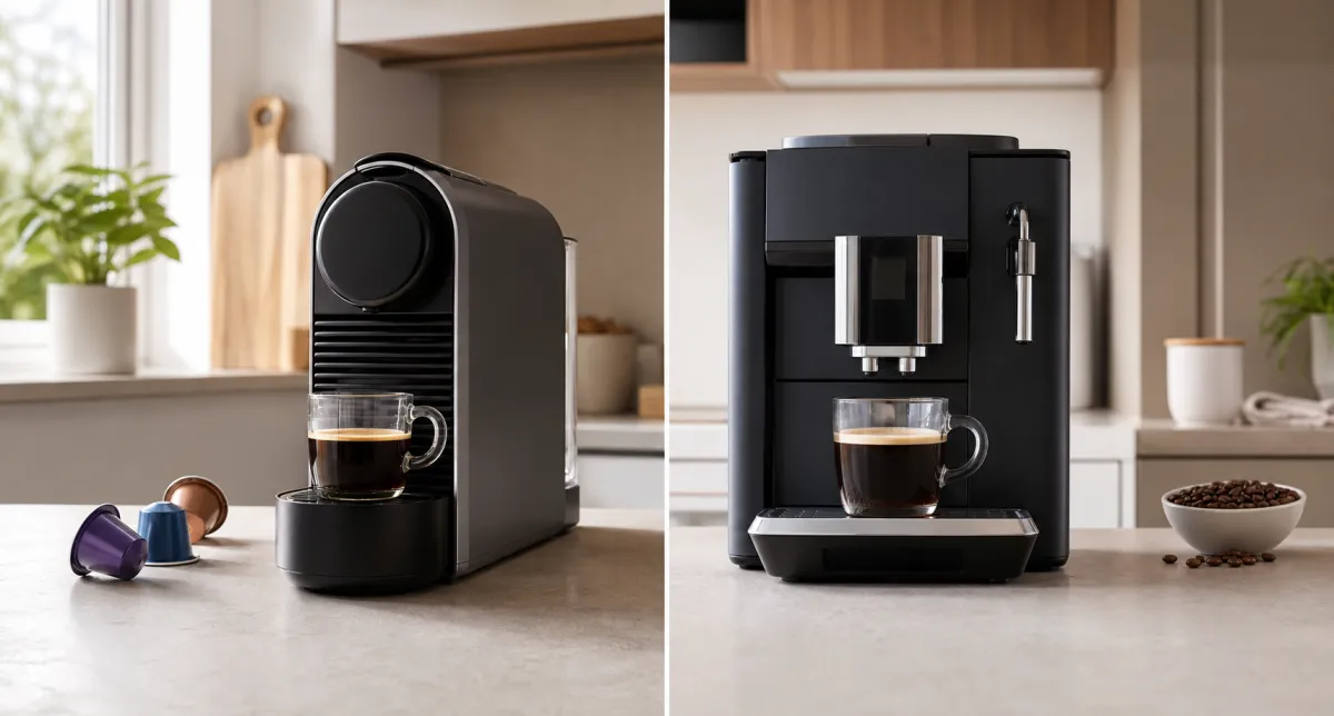 A pod coffee machine on the left beside a bean-to-cup coffee machine on the right