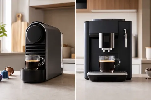 A pod coffee machine on the left beside a bean-to-cup coffee machine on the right