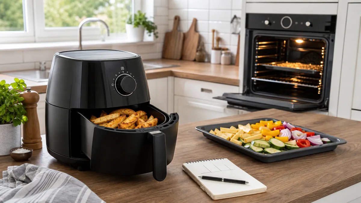 An air fryer on a kitchen worktop with a full-size oven in the background and a small cooking-cost notebook nearby