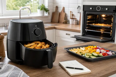 An air fryer on a kitchen worktop with a full-size oven in the background and a small cooking-cost notebook nearby