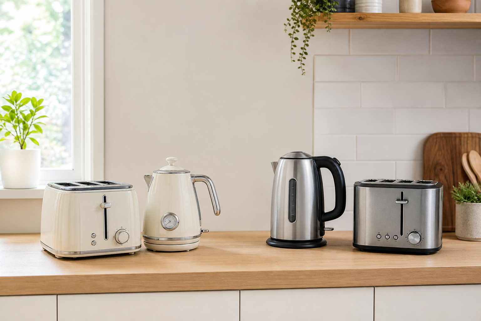 A matching kettle and toaster set beside separate stainless steel kettle and toaster appliances