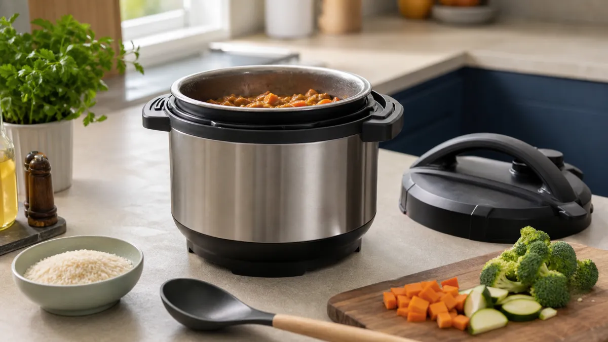 Electric multi-cooker with a removable cooking pot, pressure-style lid, rice and chopped vegetables on a kitchen worktop