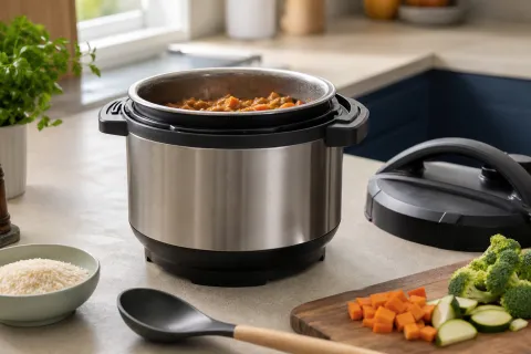 Electric multi-cooker with a removable cooking pot, pressure-style lid, rice and chopped vegetables on a kitchen worktop