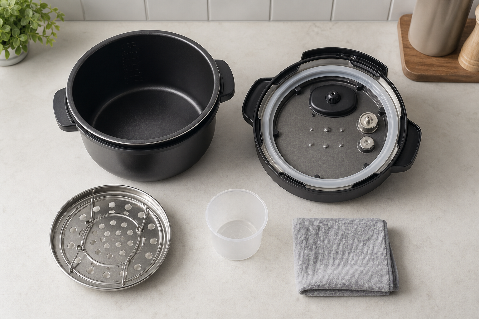 Multi-cooker inner pot, pressure lid with sealing ring, steaming rack, measuring cup and cloth laid out on a kitchen worktop