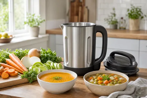 Unbranded soup maker with smooth and chunky soup, prepared vegetables and lid on a kitchen worktop