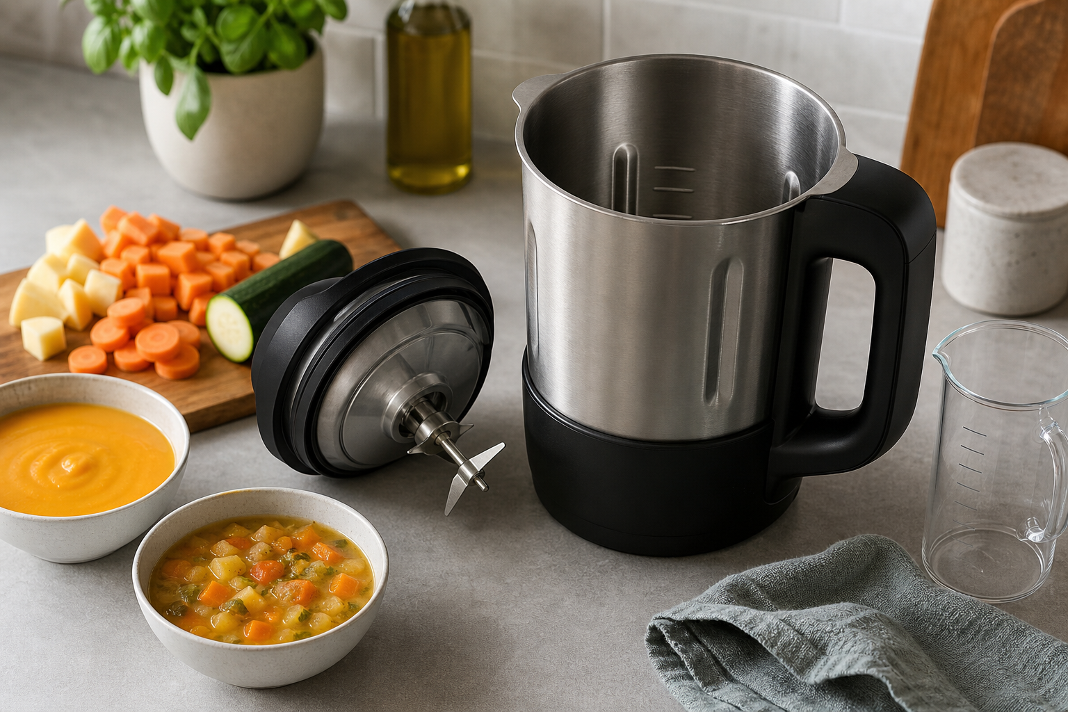 Open unbranded soup maker jug with lid, blade area, measuring jug, cloth, vegetables and bowls of smooth and chunky soup