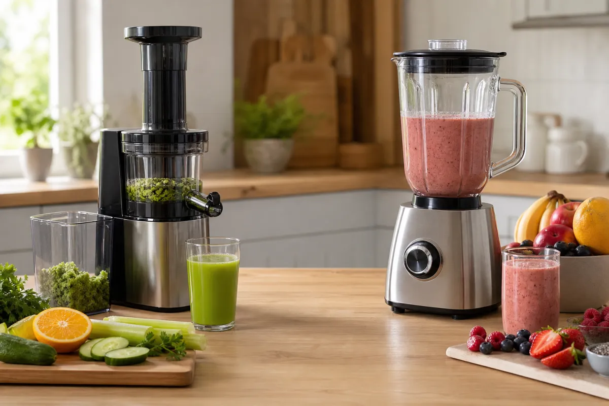 Unbranded juicer with green juice and pulp beside a blender with a thick fruit smoothie on a kitchen worktop