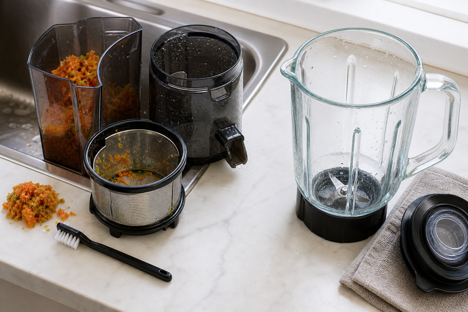 Juicer filter, pulp container and cleaning brush beside a rinsed blender jug on a kitchen worktop