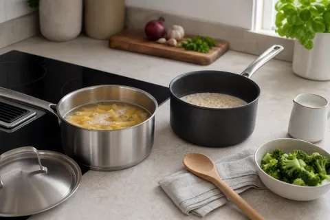 Stainless steel saucepan and non-stick saucepan side by side with pasta, porridge and vegetables on a kitchen worktop