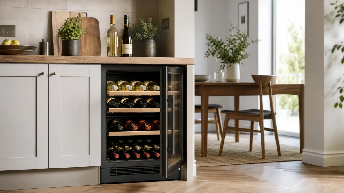 An under-counter wine fridge in a bright kitchen with mixed red and white wine bottles on shelves