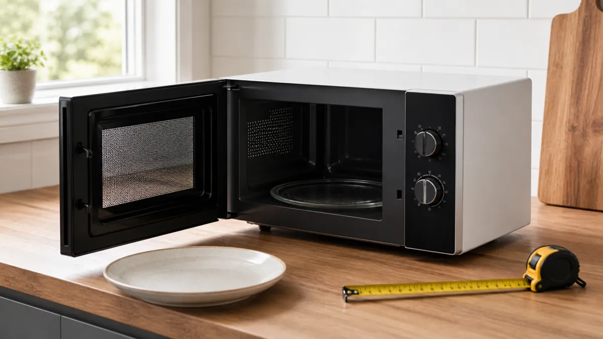 Microwave on a kitchen worktop beside a dinner plate and measuring tape