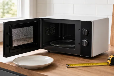 Microwave on a kitchen worktop beside a dinner plate and measuring tape