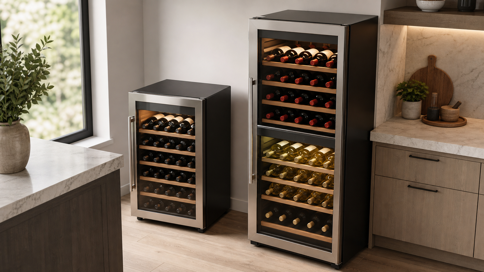 A smaller wine fridge beside a larger dual-zone wine fridge with separate bottle sections