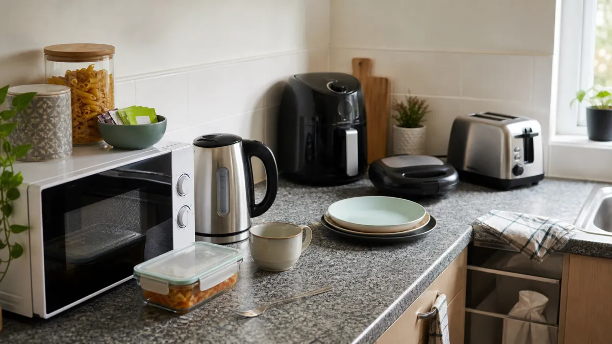 Microwave, kettle, toaster, air fryer and sandwich toaster arranged on a shared student kitchen worktop