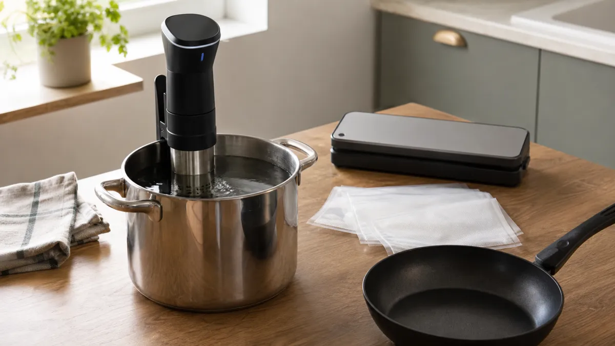 Sous vide circulator clipped to a saucepan beside cooking bags, a vacuum sealer and a frying pan