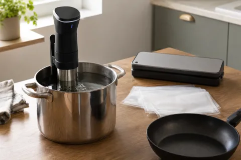 Sous vide circulator clipped to a saucepan beside cooking bags, a vacuum sealer and a frying pan