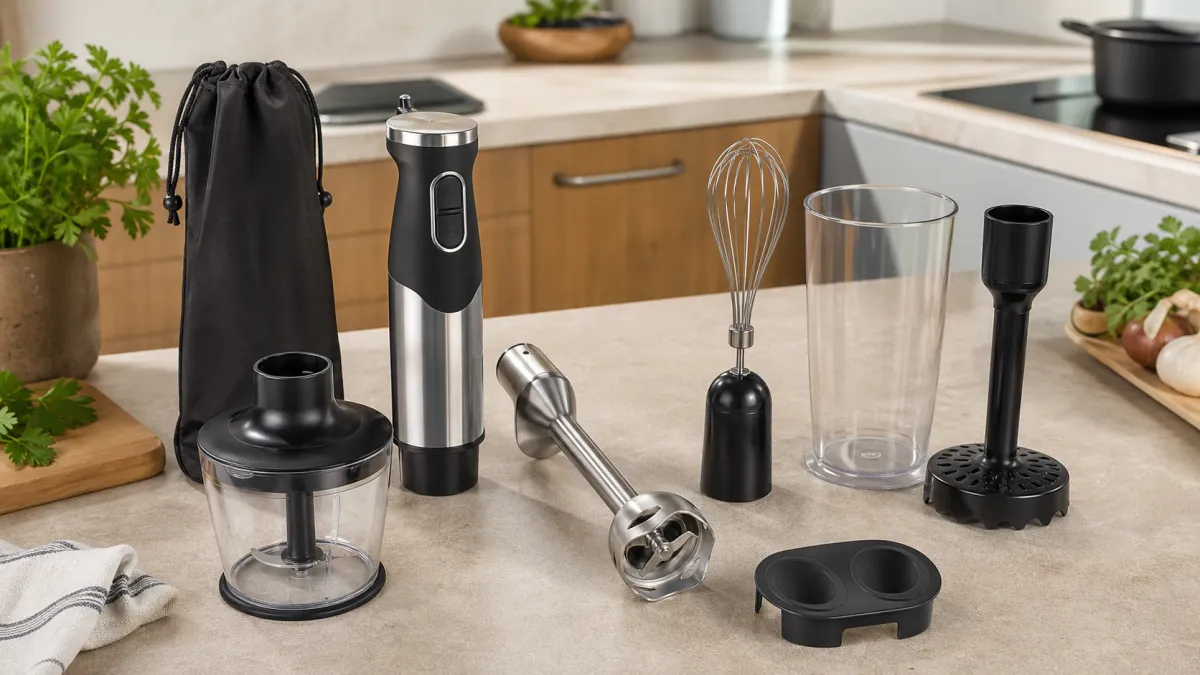 Hand blender kit with chopper bowl, whisk, beaker, masher attachment and storage pouch on a kitchen worktop
