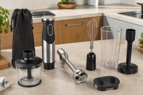 Hand blender kit with chopper bowl, whisk, beaker, masher attachment and storage pouch on a kitchen worktop