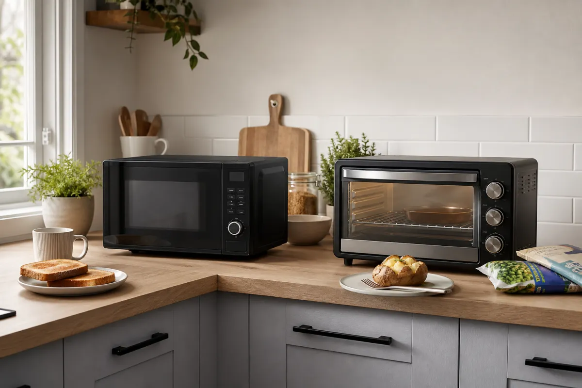 Microwave and mini oven on a compact kitchen counter with toast, a jacket potato and frozen food nearby