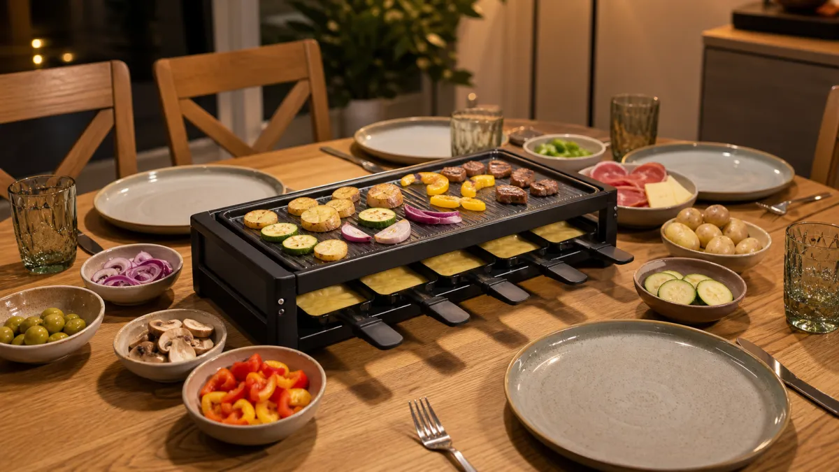 Eight-pan raclette grill set up on a dining table with plates and bowls around it
