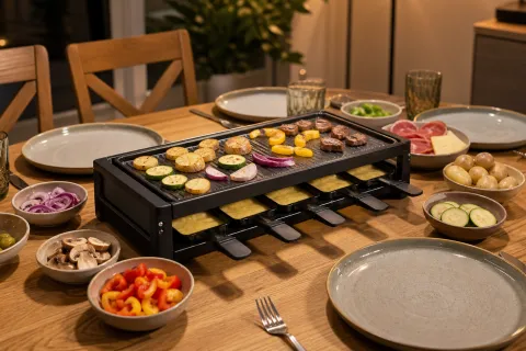Eight-pan raclette grill set up on a dining table with plates and bowls around it