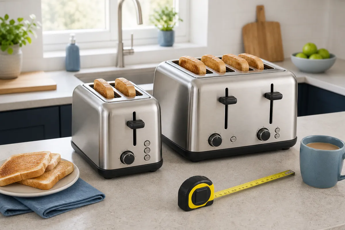 Two-slice and four-slice toasters side by side on a kitchen worktop with bread and a measuring tape