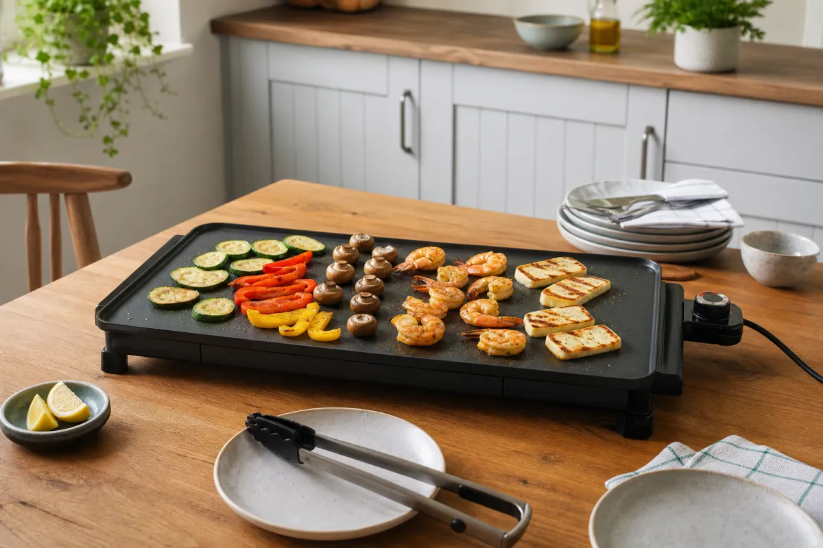 Flat teppanyaki-style hot plate on a kitchen table with vegetables, prawns and plates nearby