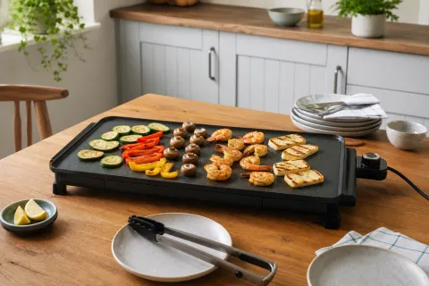 Flat teppanyaki-style hot plate on a kitchen table with vegetables, prawns and plates nearby