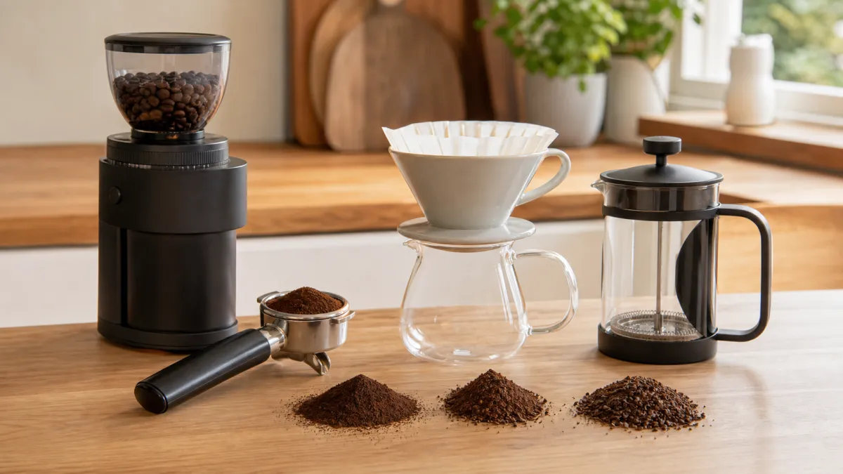 Coffee grinder with espresso portafilter, filter dripper, cafetiere and three grind textures on a kitchen worktop