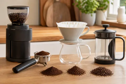 Coffee grinder with espresso portafilter, filter dripper, cafetiere and three grind textures on a kitchen worktop