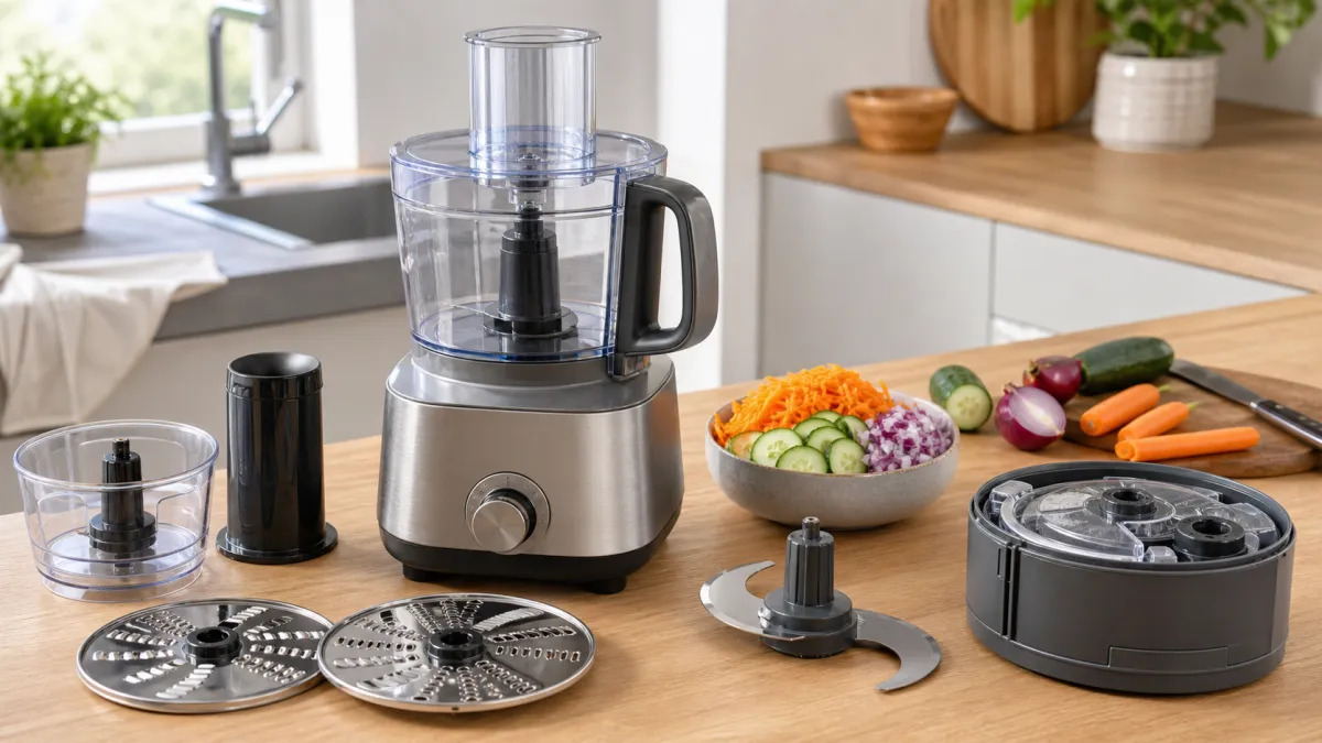 Food processor with slicing and grating discs, chopping blade, mini bowl and prepared vegetables on a kitchen worktop