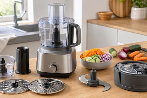 Food processor with slicing and grating discs, chopping blade, mini bowl and prepared vegetables on a kitchen worktop