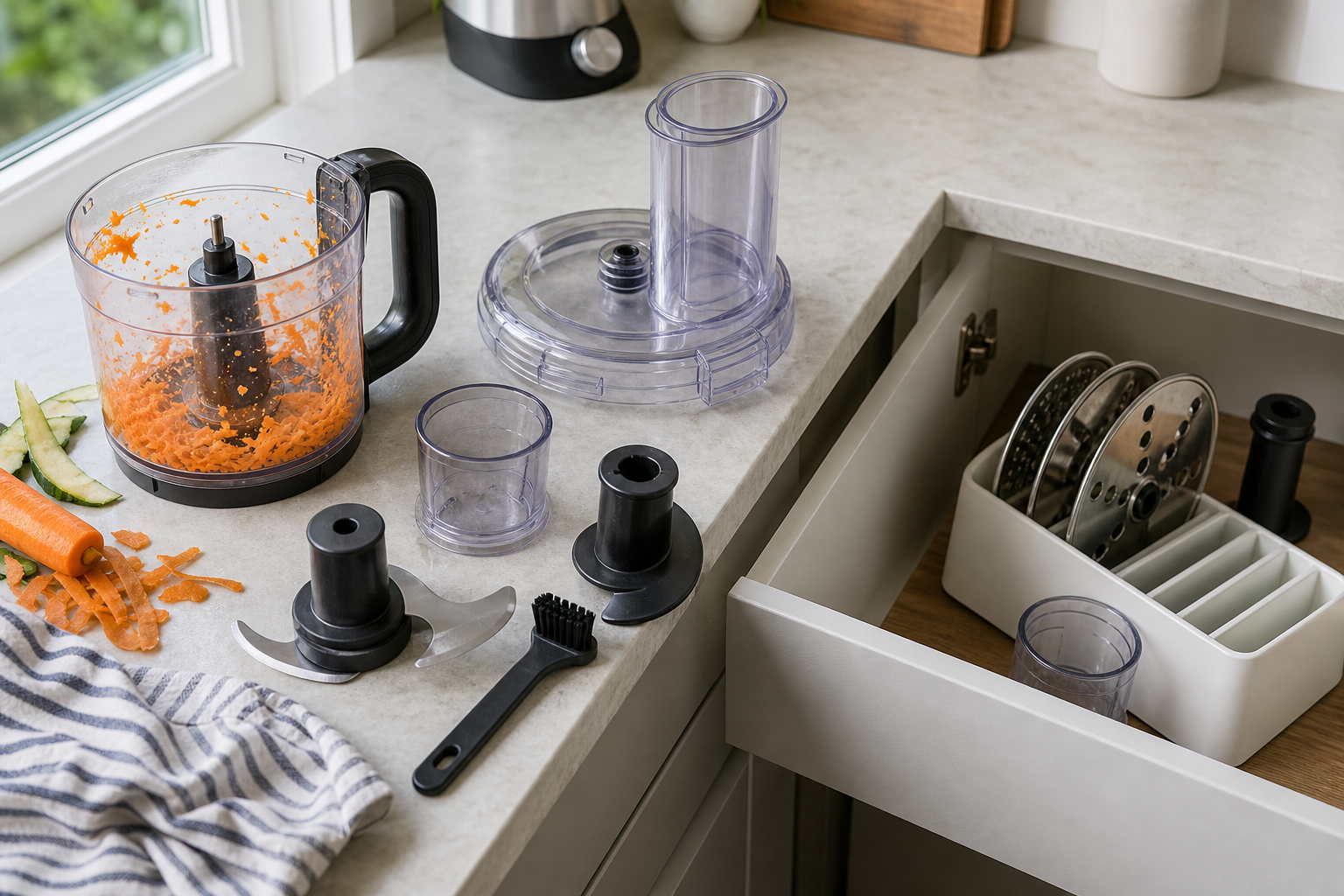 Food processor bowl, lid, slicing discs, blades, cleaning brush and storage box arranged beside grated carrot on a kitchen worktop