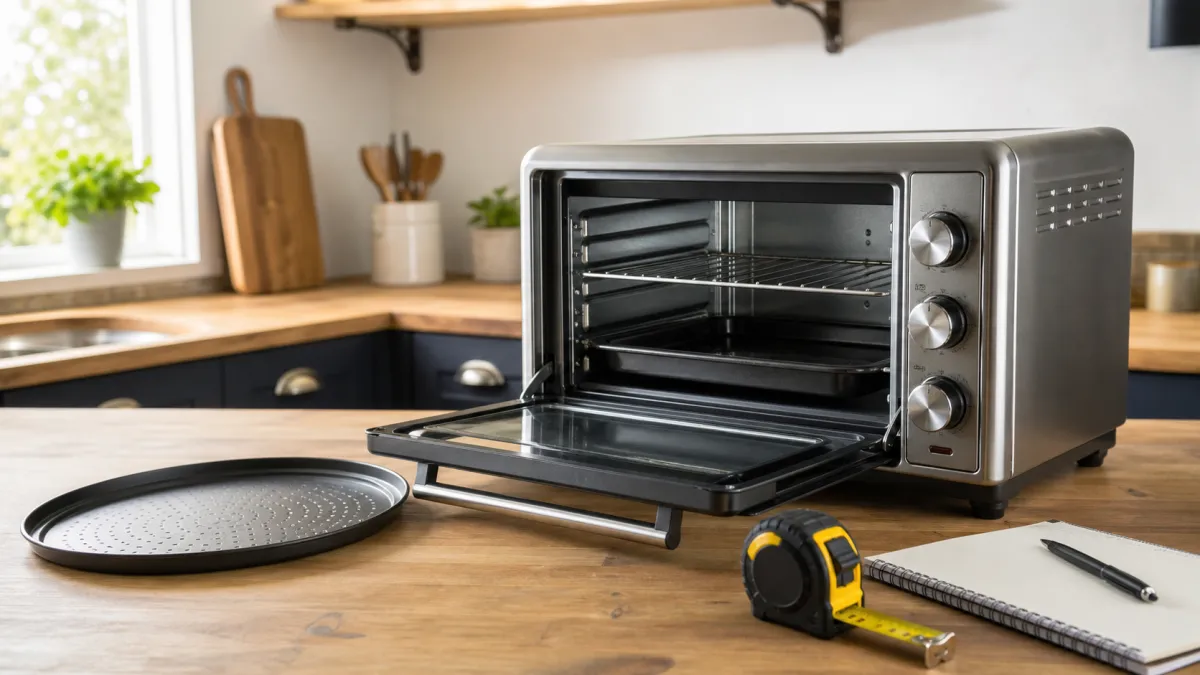 Compact mini oven with open door, racks, baking tray, pizza pan and tape measure on a kitchen worktop