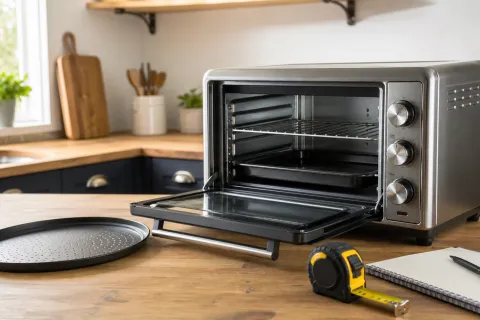 Compact mini oven with open door, racks, baking tray, pizza pan and tape measure on a kitchen worktop