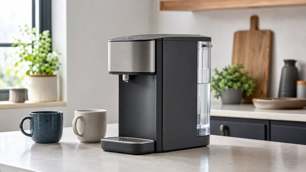Hot water dispenser with mugs and a visible side water tank on a kitchen worktop