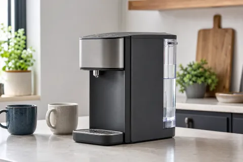 Hot water dispenser with mugs and a visible side water tank on a kitchen worktop