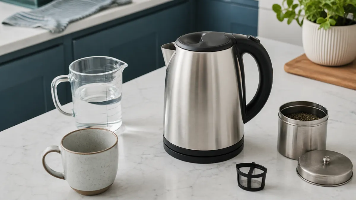 Unbranded stainless-steel kettle beside a measuring jug, mug and removable filter on a kitchen worktop