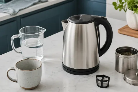 Unbranded stainless-steel kettle beside a measuring jug, mug and removable filter on a kitchen worktop