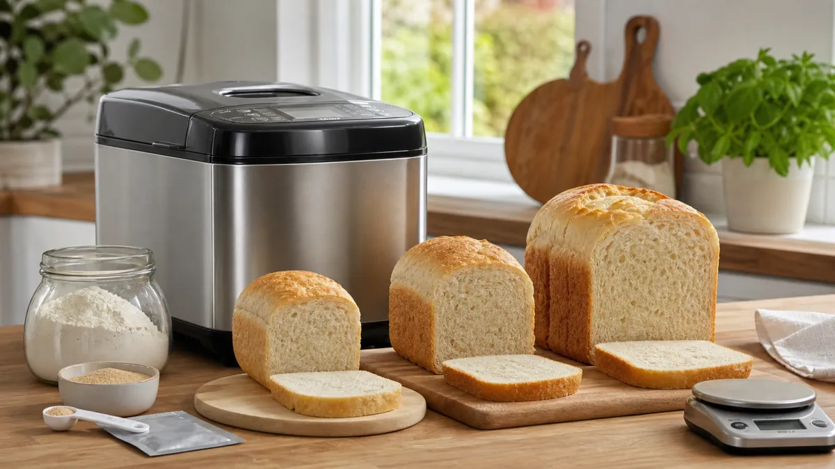 Breadmaker on a kitchen worktop beside small, medium and large homemade loaves