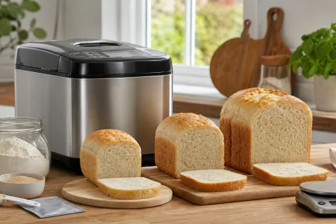 Breadmaker on a kitchen worktop beside small, medium and large homemade loaves