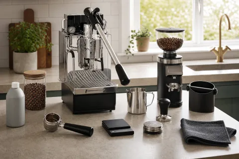 Manual espresso machine with grinder, tamper, scales, milk jug, knock box and cleaning cloth on a kitchen worktop