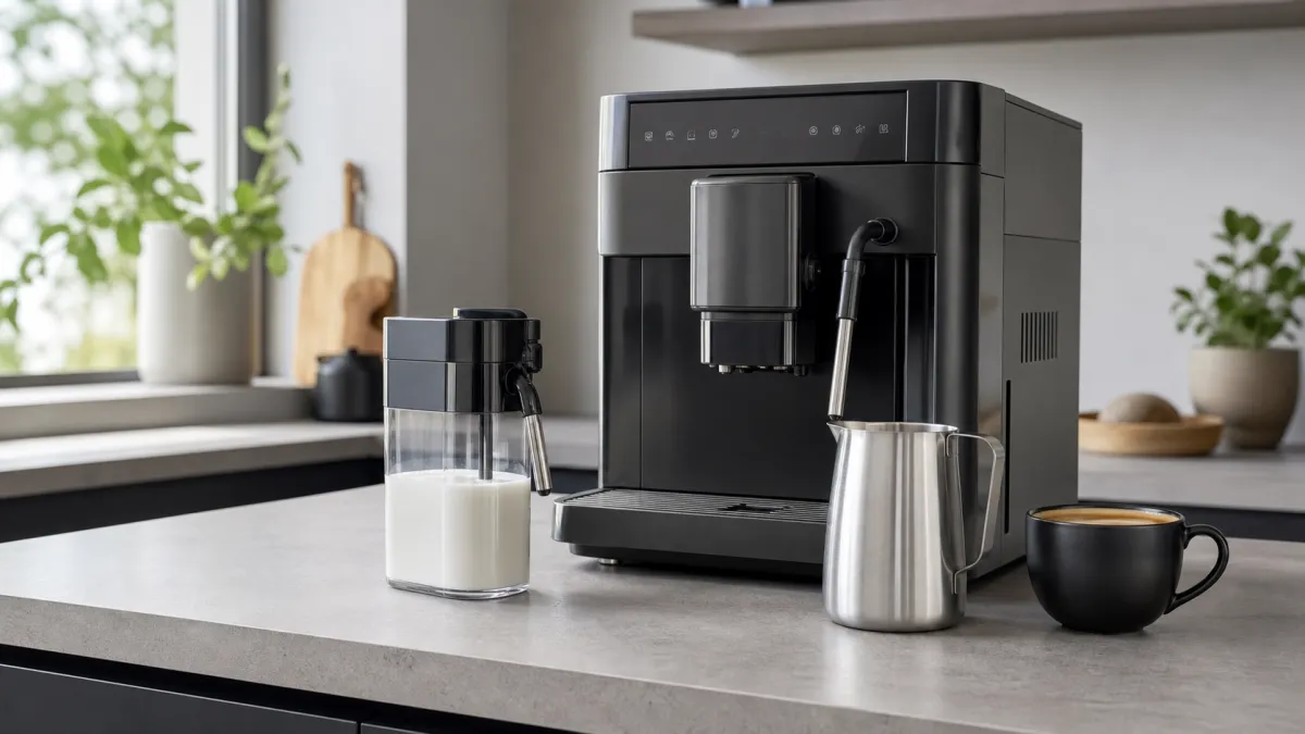 Bean-to-cup coffee machine with an automatic milk carafe, steam wand jug and black coffee cup on a kitchen worktop