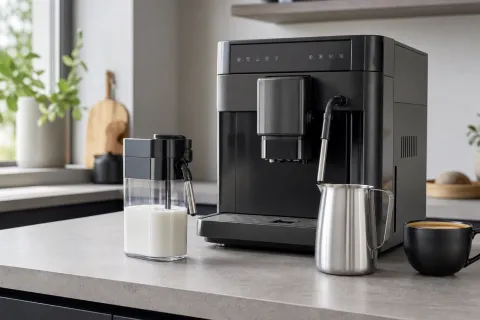 Bean-to-cup coffee machine with an automatic milk carafe, steam wand jug and black coffee cup on a kitchen worktop