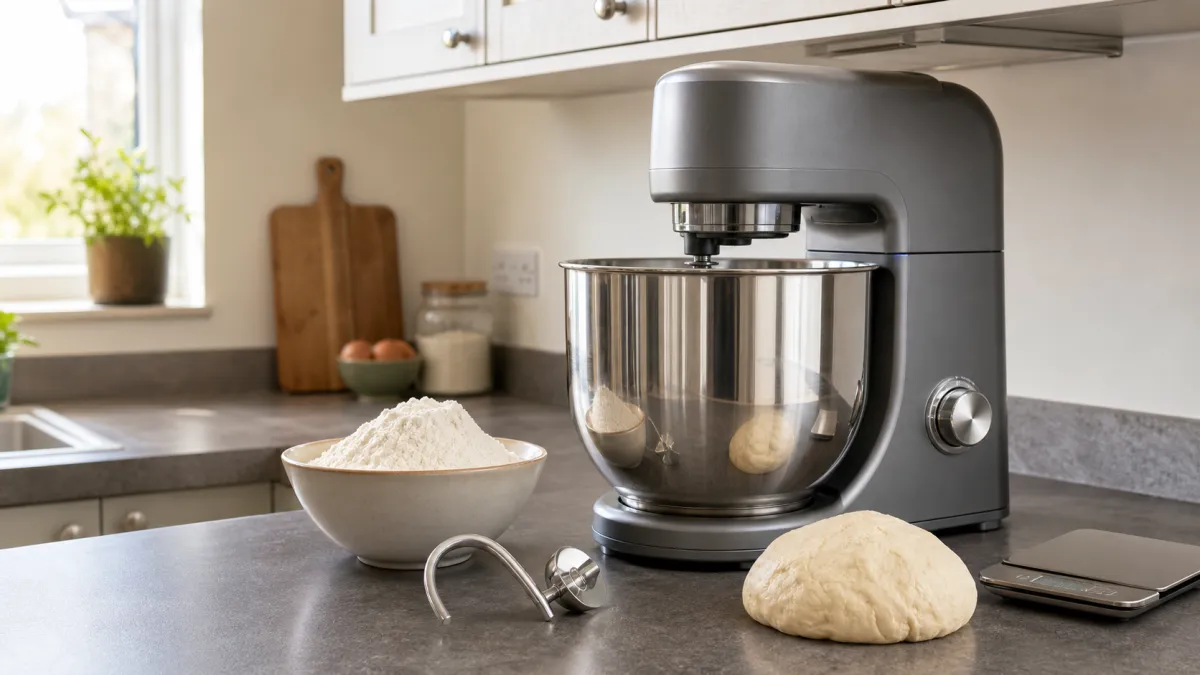 Stand mixer with a stainless bowl, flour, dough hook, kitchen scales and bread dough on a kitchen worktop