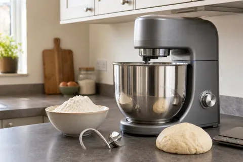 Stand mixer with a stainless bowl, flour, dough hook, kitchen scales and bread dough on a kitchen worktop