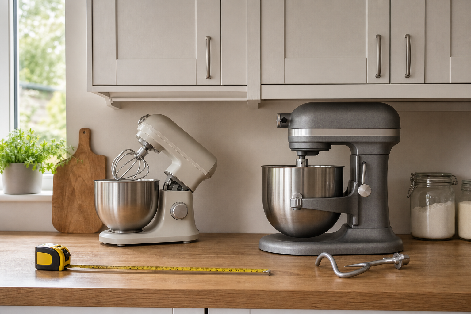 Compact tilt-head stand mixer and larger bowl-lift mixer under kitchen wall cupboards with a measuring tape on the worktop
