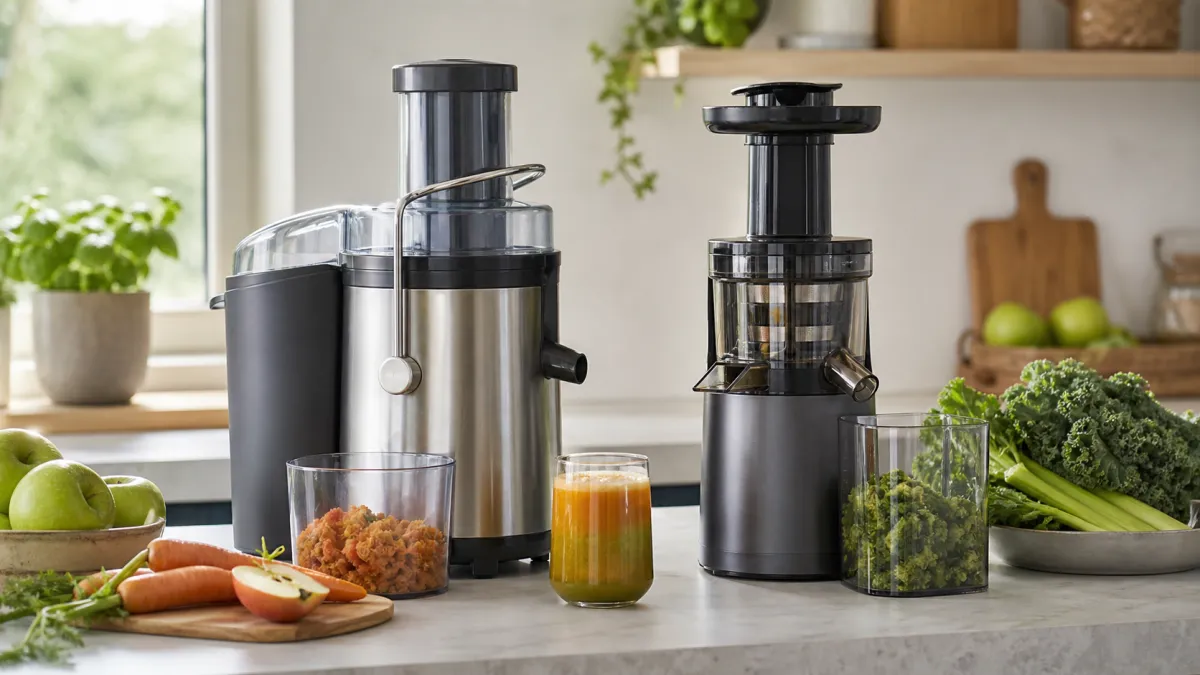 Fast centrifugal juicer and slow juicer on a kitchen worktop with apples, carrots, leafy greens, juice and pulp containers