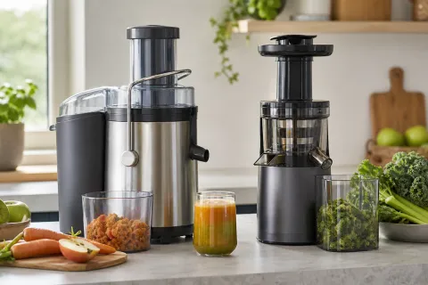 Fast centrifugal juicer and slow juicer on a kitchen worktop with apples, carrots, leafy greens, juice and pulp containers
