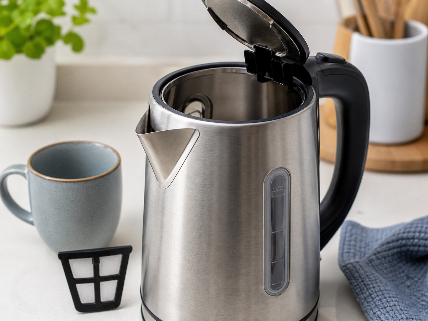 Open stainless-steel kettle with visible water window and removable limescale filter on a kitchen worktop